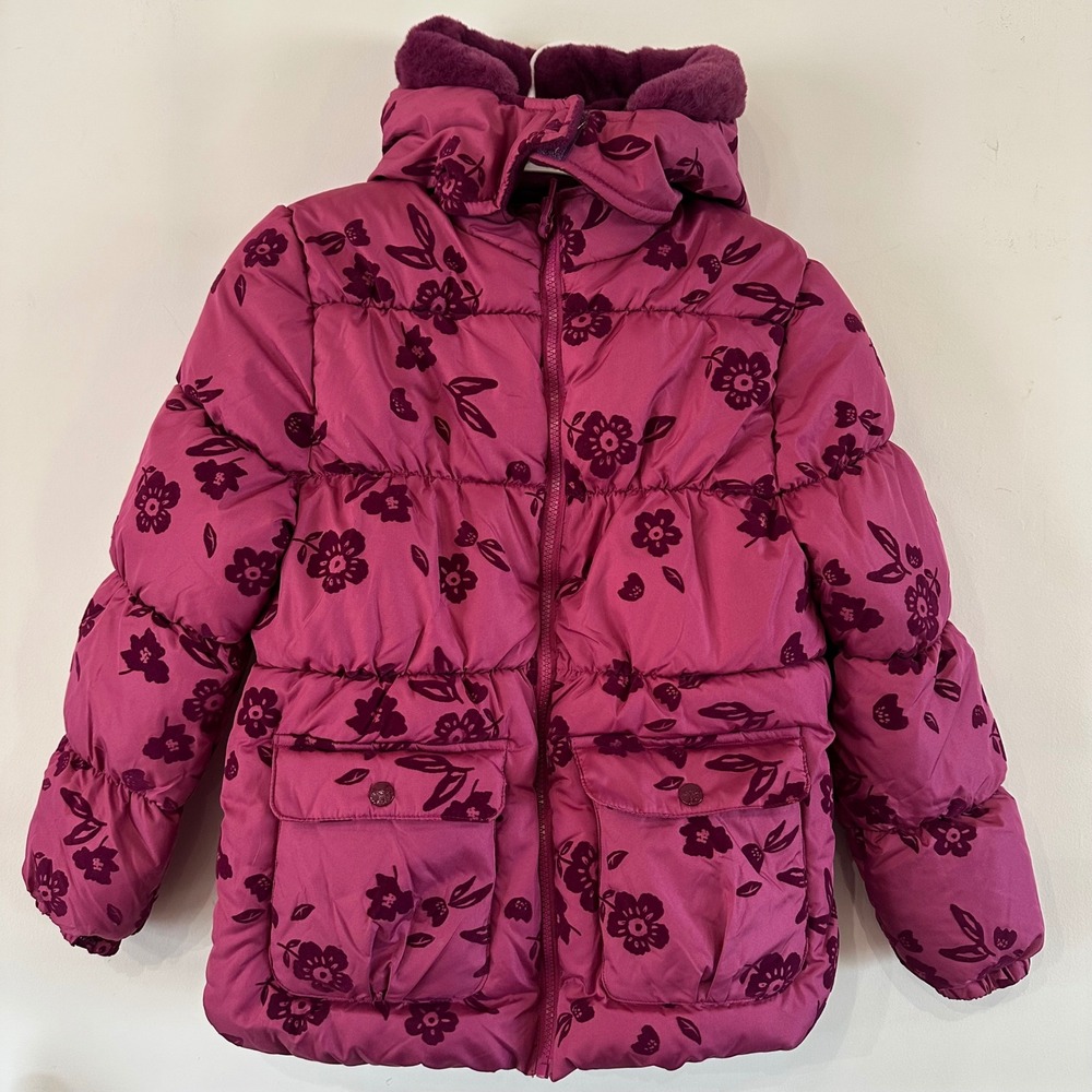 NEW Kenzie Girl Pink Floral Puffer Jacket Faux Fur Hood Magenta Coat KG954766 XL